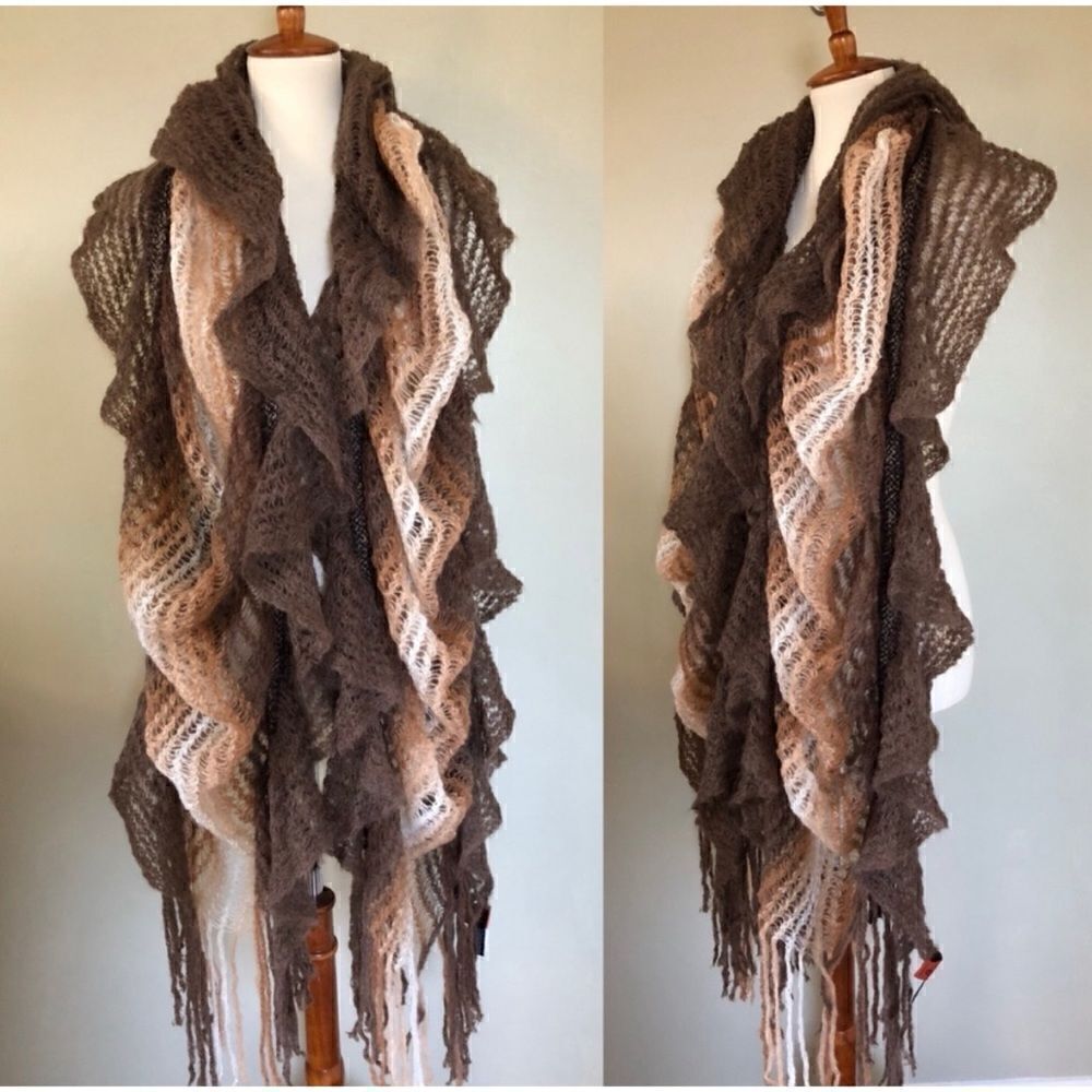 Very Rare MISSONI Mohair Ruffle shawl Scarf in Brown SA57PSD3311 0004 authentic